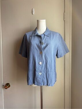 cold water creek gingham linen cotton blend short sleeve button front